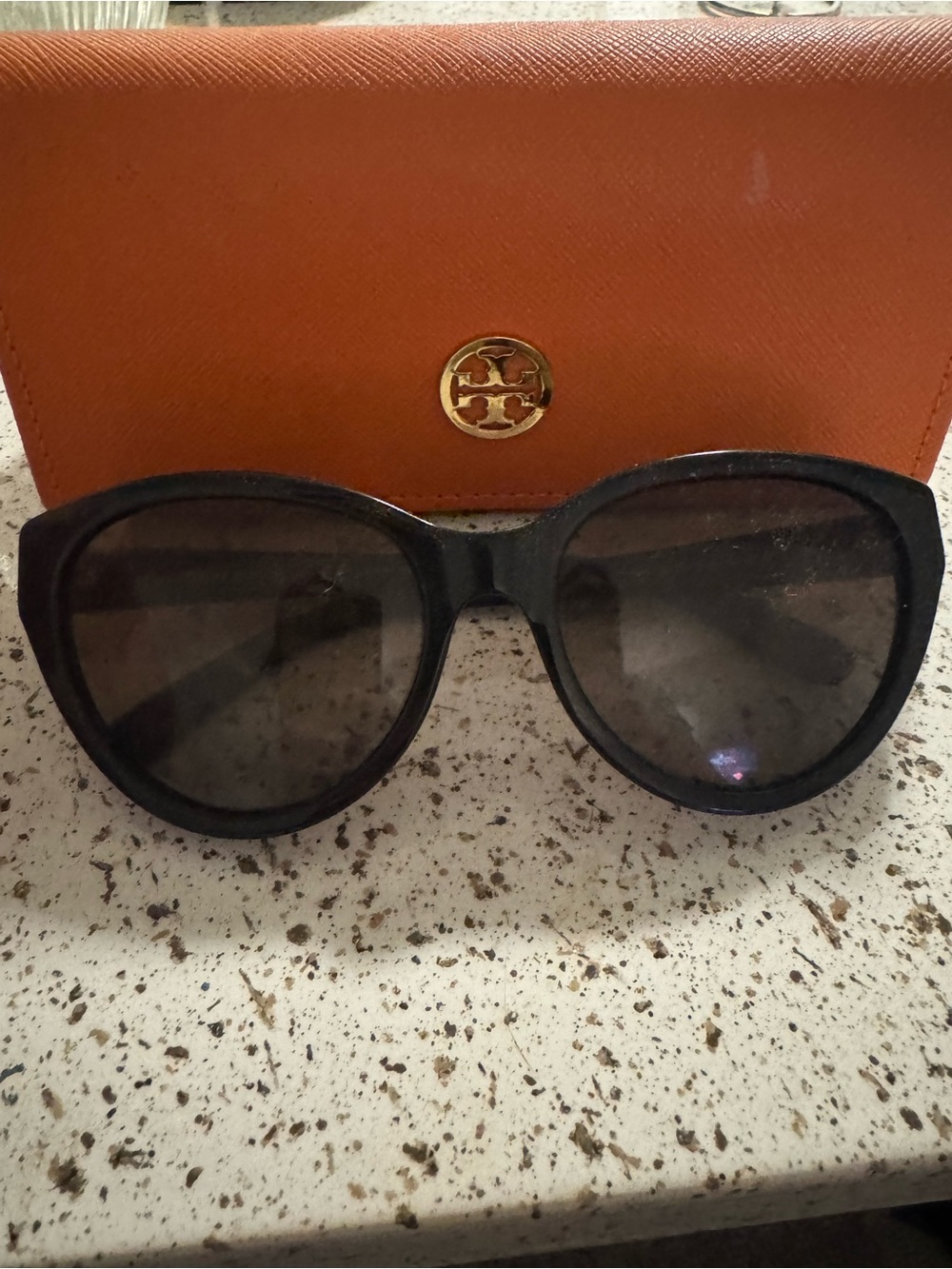 Tory Burch Black Brown Cat Eye Sunglasses with Orange Logo Case